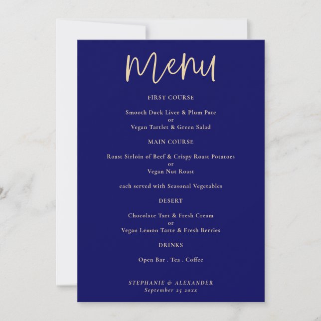 Convite Menu de Casamento Azul do Marinho de Script Dourad (Frente)