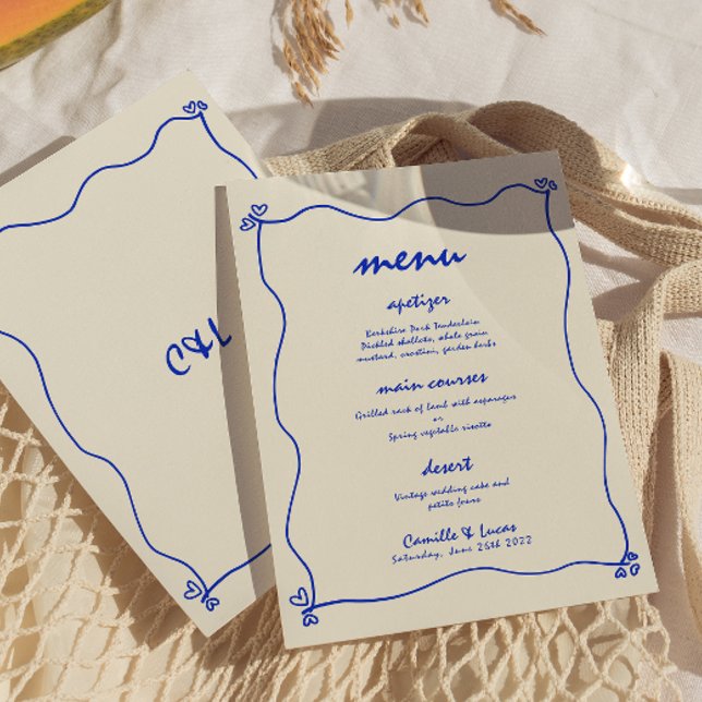 Convite Menu de Casamento Azul Imperativo Retrópico (Criador carregado)