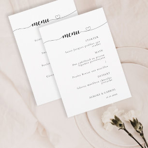 Convite Menu de Casamento Branco e Preto Moderno do Coraçã