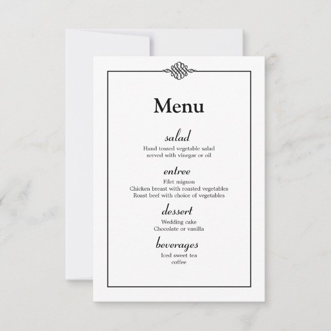 Convite Menu de Casamento Branco Negro Clássico Simples (Frente)