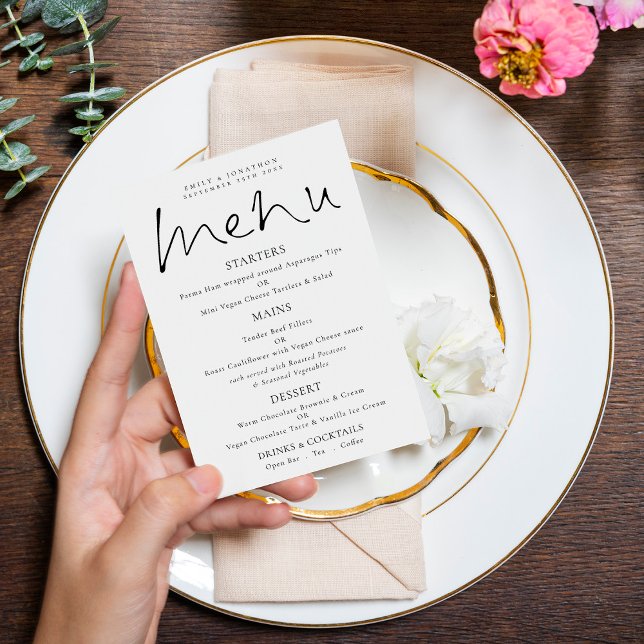 Convite Menu de Casamento Branco Preto de Script Elegante (Criador carregado)