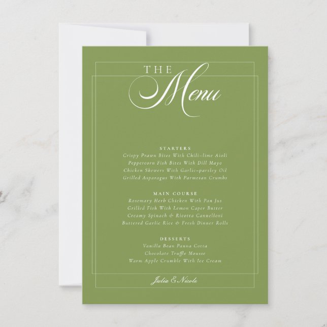 Convite Menu de Casamento Caligrafia Marfim Verde Oliva Cl (Frente)