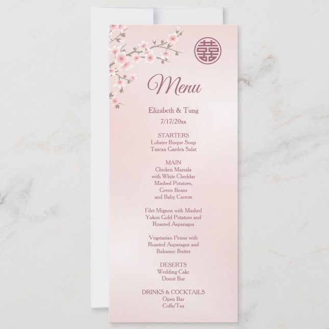 Convite Menu de Casamento Chinês Dusty Pink Cherry Blossom (Frente)