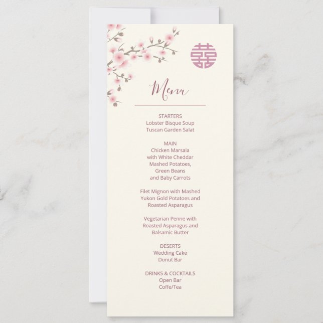 Convite Menu de Casamento Chinês Dusty Pink Cherry Blossom (Frente)
