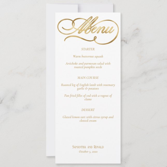 Convite Menu de Casamento de Caligrafia Dourada Elegante B (Frente)