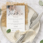 Convite Menu de Casamento de Fotos do Script Moderno<br><div class="desc">Baixar Digital Imprimível ou Menu de Casamento de Fotos de Script Moderno Impresso. Um design elegante com sua foto na borda superior atrás de uma camada de tonalidade graduada com o texto parcialmente sobreposto na parte superior da sua imagem na parte inferior. O cabeçalho principal está em um script na...</div>