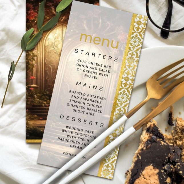 Convite Menu de Casamento de Portas de Jardim Encantado (Enchanted Garden Gate Wedding Menu Invitation #weddingdinner #dreamymenuinvitation #luxurygold)