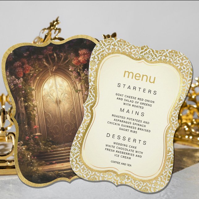 Convite Menu de Casamento de Portas de Jardim Encantado (Enchanted Garden Gate Wedding Menu Invitation #zazzlemade #romanticinvitation #weddingdinner #royal)