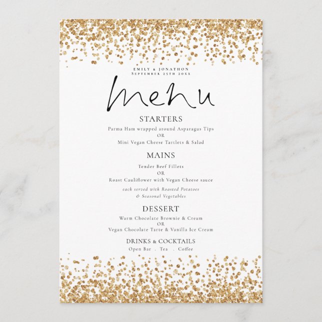 Convite Menu de Casamento de Script Glitter Dourado Imprim (Frente)