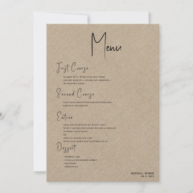 Convite Menu de Casamento de Script Preto Simples Tan Line (Frente)