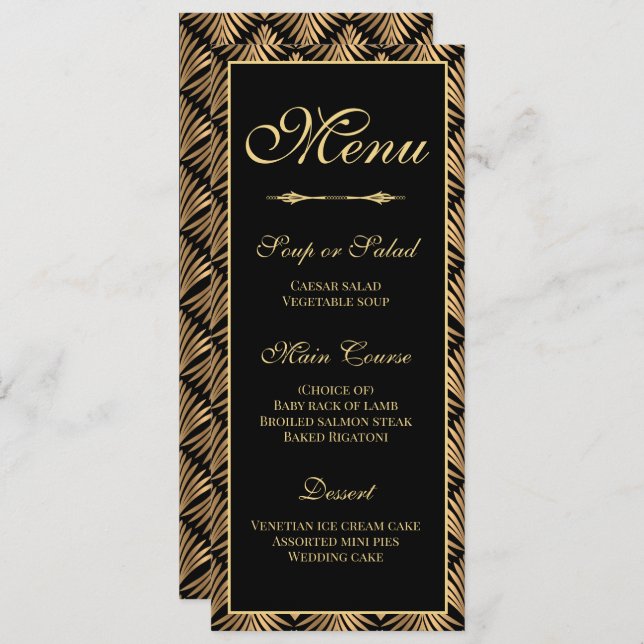 Convite Menu de Casamento do Excelente Negro Dourado Art D (Frente/Verso)