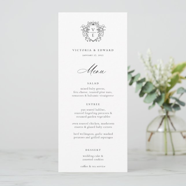 Convite Menu de Casamento do Monograma de Crest Preto da E (Em pé/Frente)