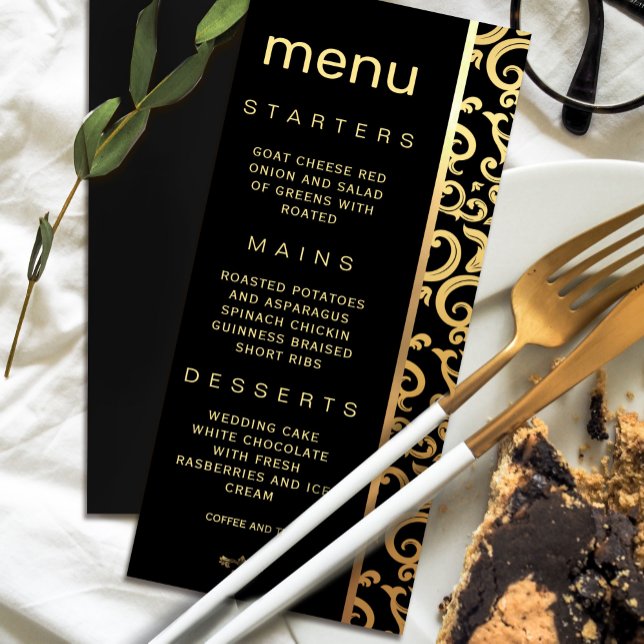 Convite Menu de Casamento do Quadro de Ouro Elegante (Elegant gold Frame Wedding Menu Invitation #zazzlefinds #elegantmenu #blackandgld #decorationframe)