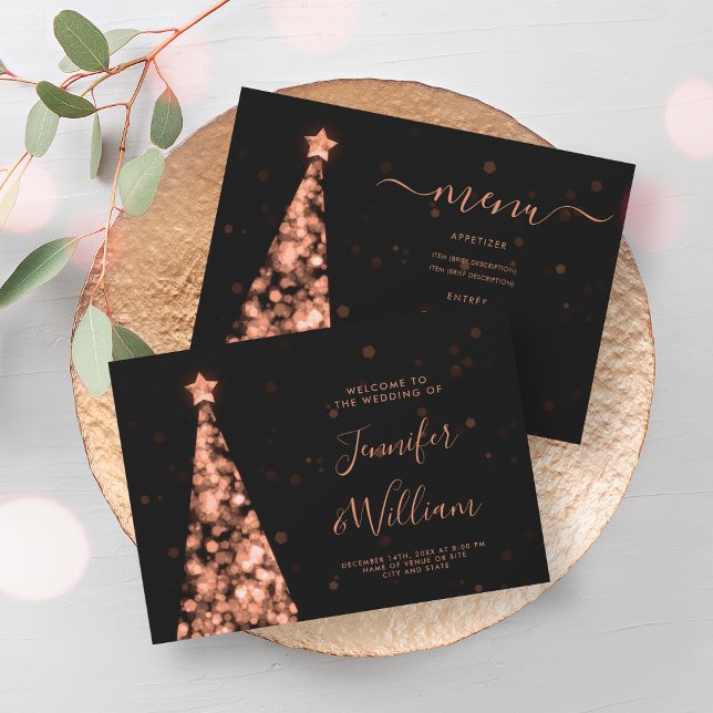 Convite Menu de Casamento Dourado da Árvore do Xmas Festiv (Festive Xmas Tree Rose Gold Wedding Menu Invitation)