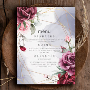 Convite Menu de casamento Elegante Burgundy Rosa vermelha