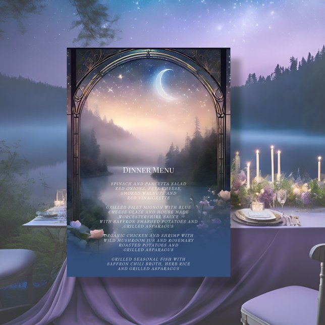 Convite Menu de Casamento Elegante do Lago Moonlit Forest  (Criador carregado)