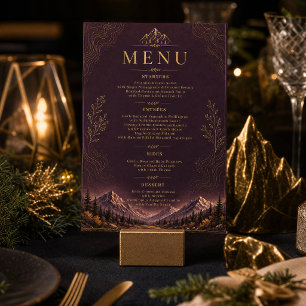 Convite Menu de Casamento Elegante Montanha Dourada Ameixa
