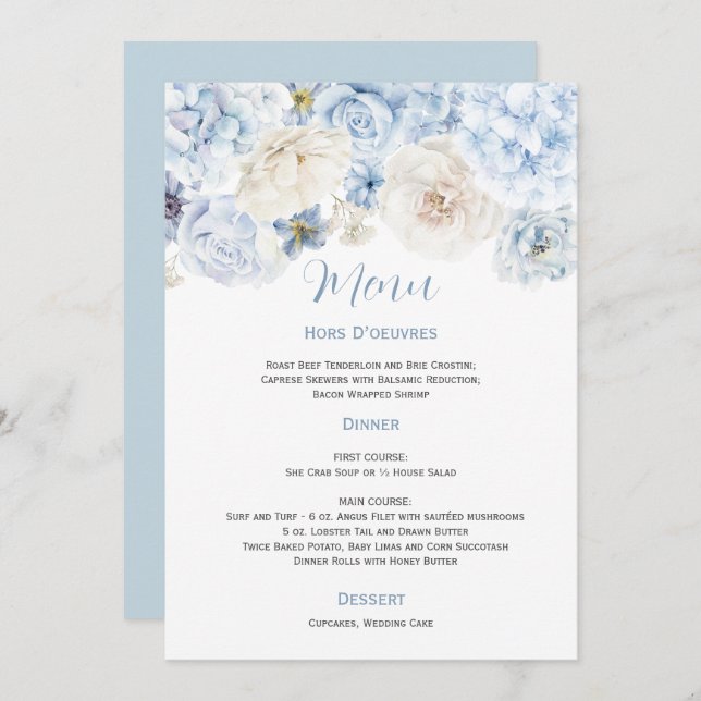 Convite Menu de Casamento Floral Azul e Branco Pálido (Frente/Verso)
