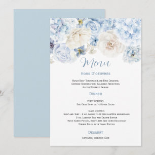 Convite Menu de Casamento Floral Azul e Branco Pálido