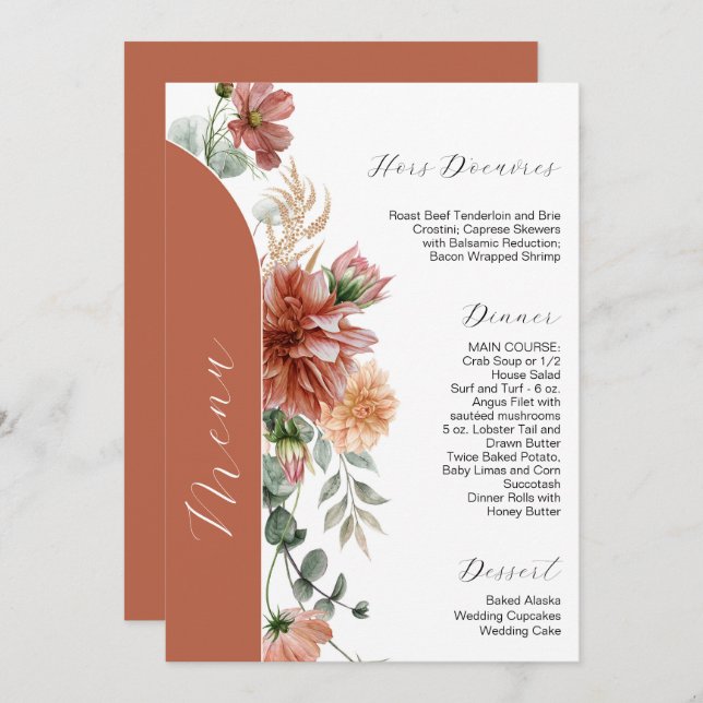 Convite Menu de Casamento Floral de Eracotta e Peach Autum (Frente/Verso)