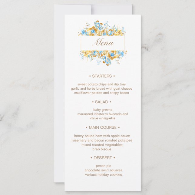 Convite Menu de Casamento Floral de Turquesa de ouro luxuo (Frente)