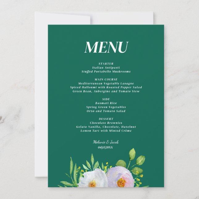 Convite Menu de Casamento Floral Verde Floresta para Impre (Frente)