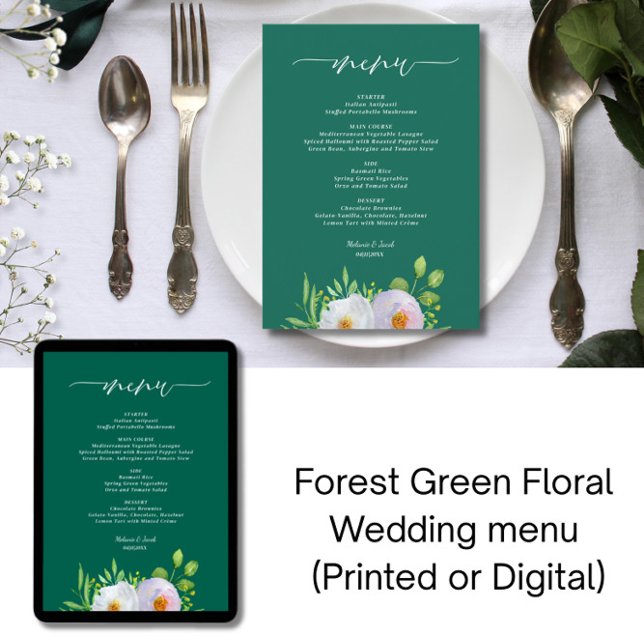 Convite Menu de Casamento Impresso Floral Verde Florestal (Criador carregado)