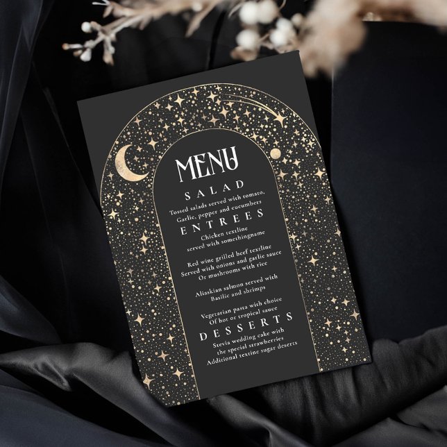 Convite Menu de Casamento Negro do Arco da Noite Celestial (Black Celestial Wedding Menu Cards)