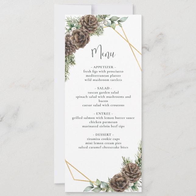 Convite Menu de Casamento no inverno do Cone do Pine Verde (Frente)