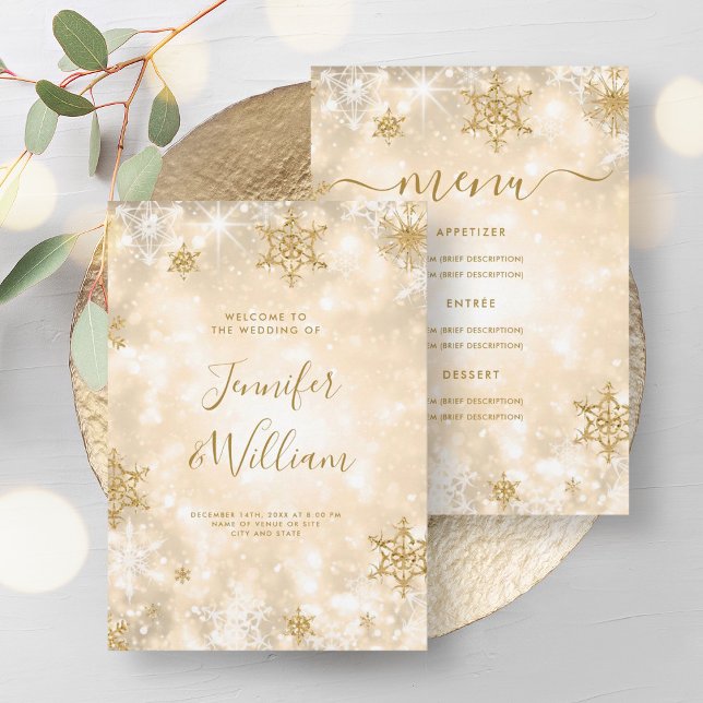 Convite Menu de Casamento no inverno Dourado Festivo Spark (Festive Sparkle Gold Winter Wedding Menu Invitation)