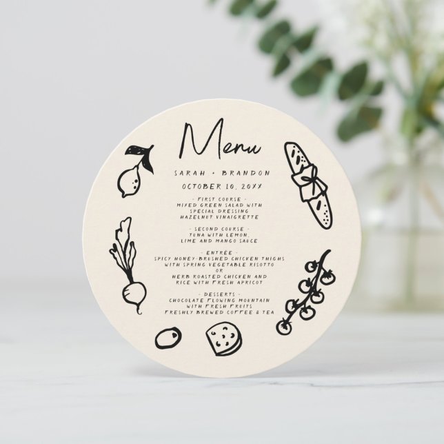 Convite Menu de Casamento Retro Desenhado à Mão (Criador carregado)