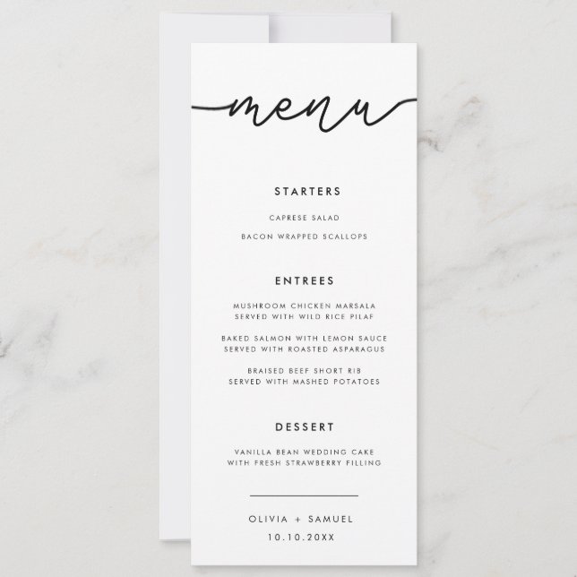 Convite Menu de Casamento Simples Moderno de Script Elegan (Frente)