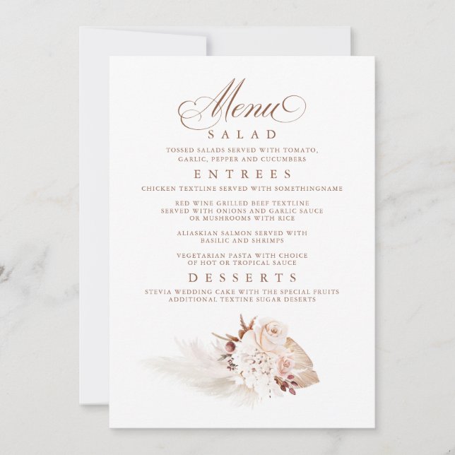 Convite Menu de Casamento Suave Elegante Pampas Grass (Frente)