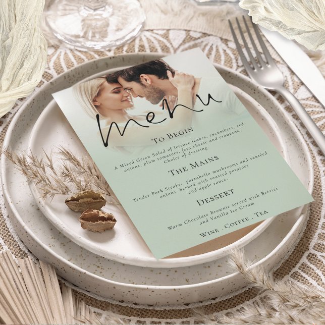 Convite Menu de Casamento Verde da Sage do Script Moderno (Modern Photo Overlay Sage Green Menu available printed or digitally)