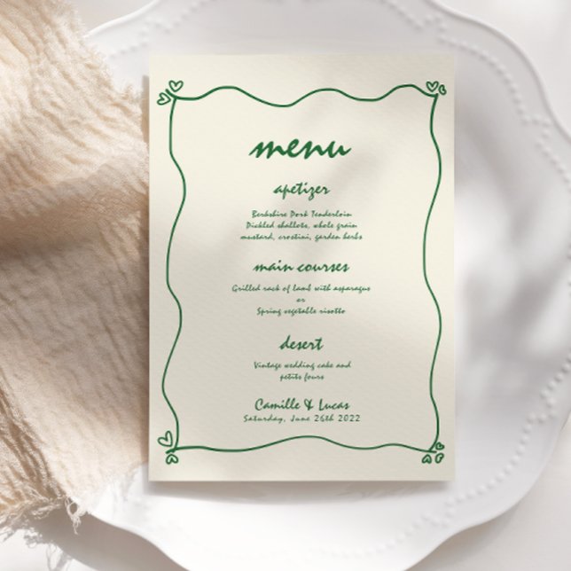 Convite Menu de Casamento Verde Whimsical com Letras Manus (Criador carregado)