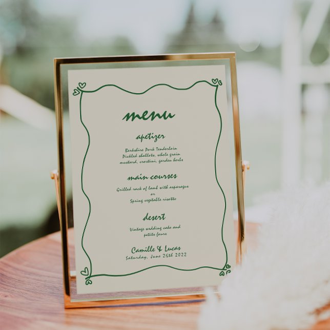 Convite Menu de Casamento Verde Whimsical com Letras Manus (Criador carregado)
