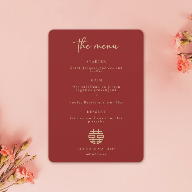 Convite Menu de Casamento Vermelho Chinês Moderno e Minima (Criador carregado)