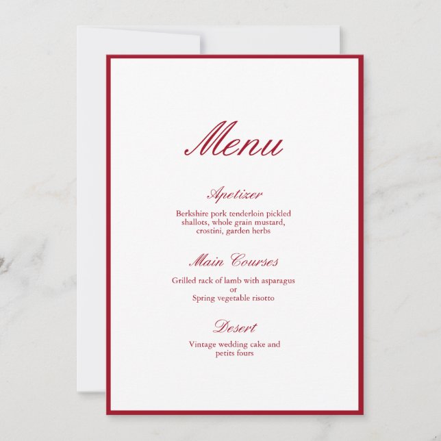 Convite Menu de Casamento Vermelho da Caligrafia Moderna (Frente)