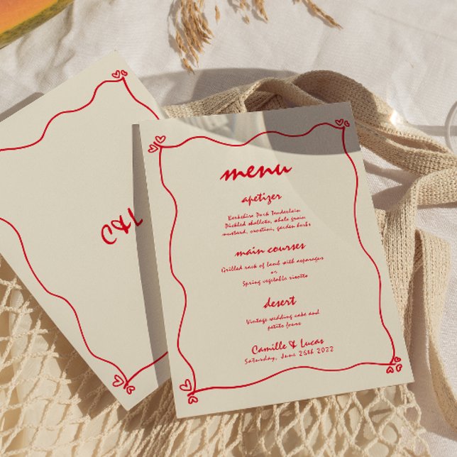 Convite Menu de Casamento Vermelho Whimsical com Letras Ma (Criador carregado)