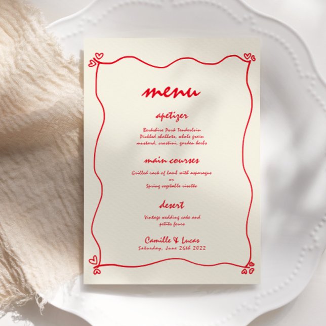 Convite Menu de Casamento Vermelho Whimsical com Letras Ma (Criador carregado)