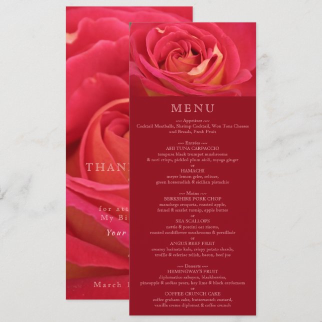 Convite Menu de Celebração de Aniversário Rosa (Frente/Verso)