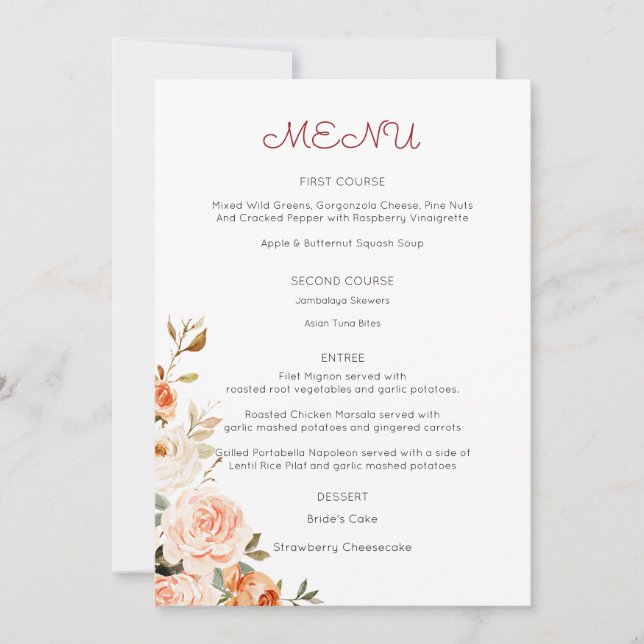 Convite Menu de Entrada Floral do Blush & Peach (Frente)