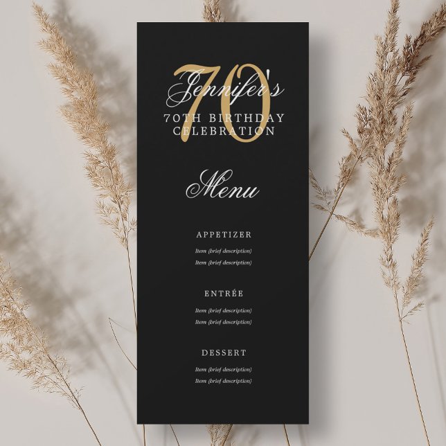 Convite Menu de Festa de aniversário Elegante preto-Dourad (Elegant 70th Birthday Party Menu Gold Black Invitation)