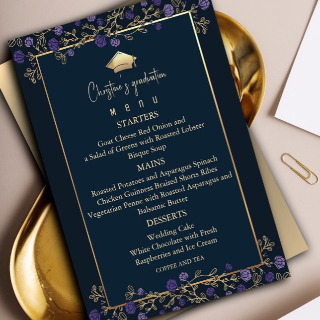 Convite Menu de Festa de formatura azul e Dourada do Marin (Elegant Navy Blue and Gold Graduation Party Invitation, #purplegraduate #paurplegoldinvitation)