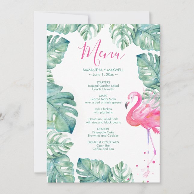 Convite Menu de Folhas de Aquarela Rosa Tropical Flamingo (Frente)