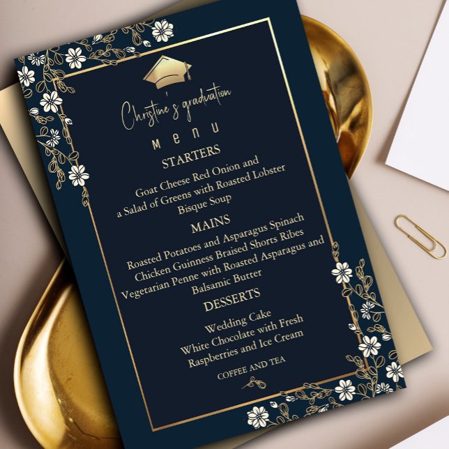 Convite Menu de graduação Dourada e Azul do Marinho Elegan (Elegant Navy Blue and Gold Graduation #graduationparty #graduate #menu #dinner #dining #floralframe)