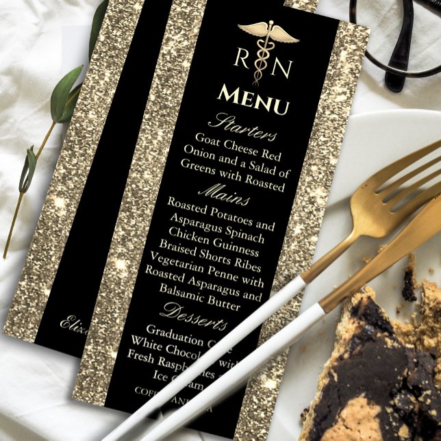 Convite Menu de Graduação Médica com Lâmpada Preta e Doura ("Elegant black and gold graduation menu – a perfect touch of luxury for your celebration!🎓#Graduate)