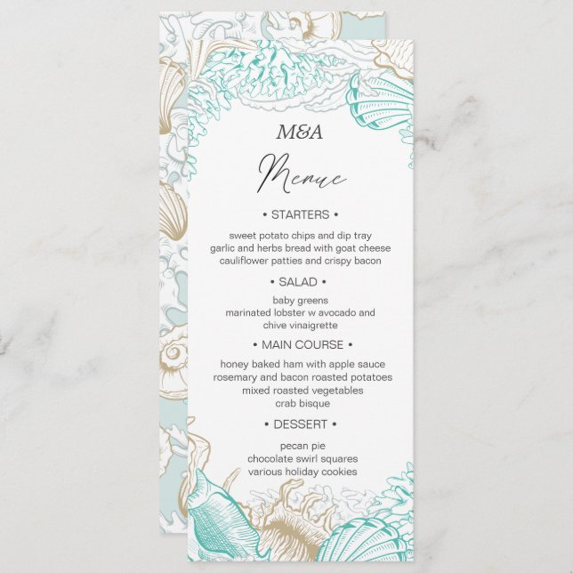 Convite Menu de Jantar de Casamento à beira-mar turquesa (Frente/Verso)