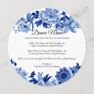 Convite Menu de Jantar Floral Azul Branco Influência Asiát