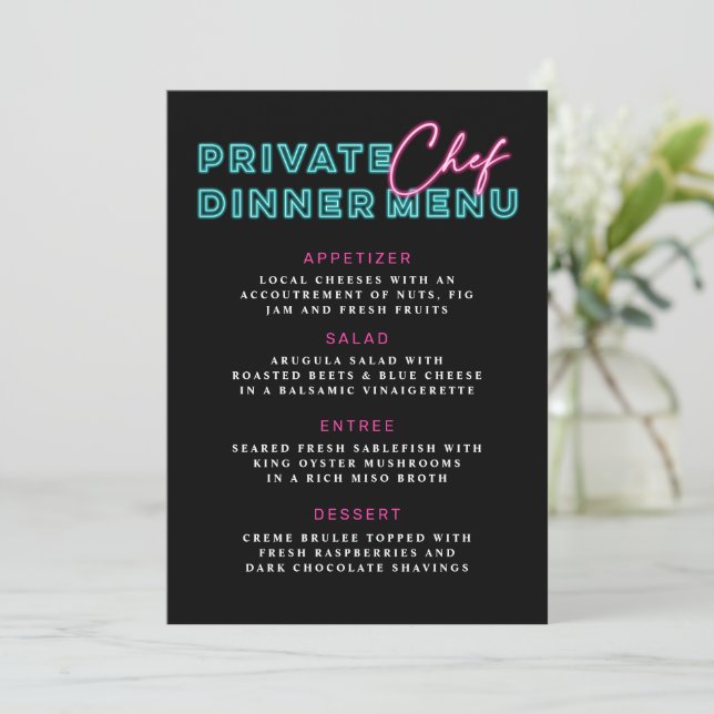 Convite Menu de Janto de Chef Privado Neon Blue & Pink (Em pé/Frente)